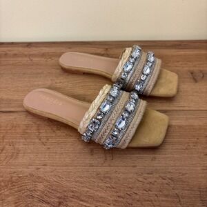 TORGEIS Miya Flat Sandals Natural Women Size 6.5‎ Casual Rhinestones Raffia